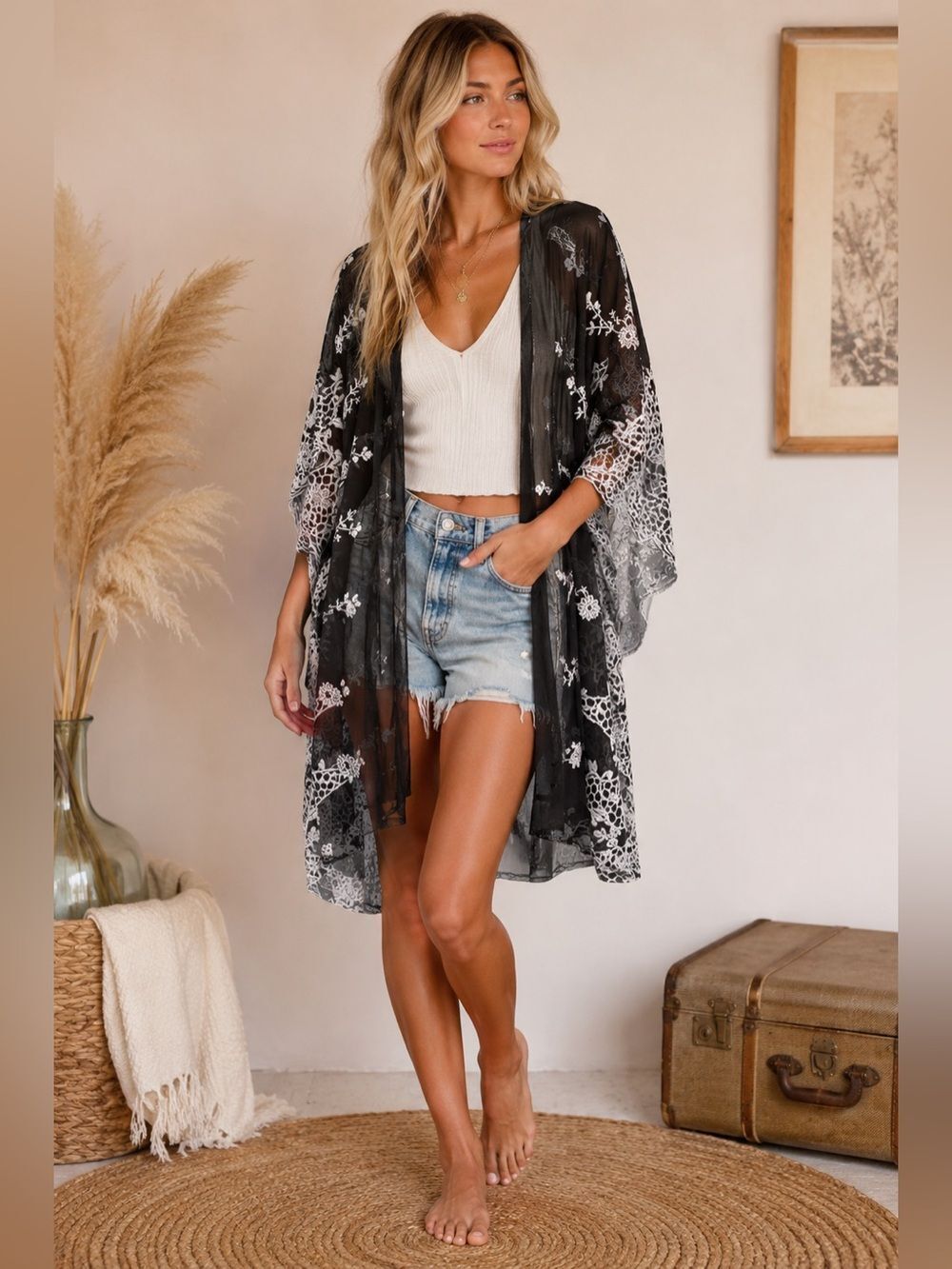 Black Sheer Floral Embroidered Boho Kimono Cardigan
